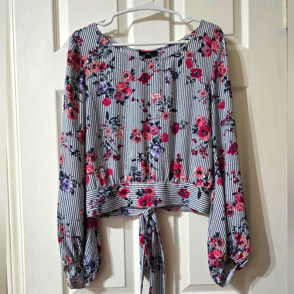 Floral Striped Tie Waist Boho Cottagecore Chiffon Top by IN San Francisco, EUC!